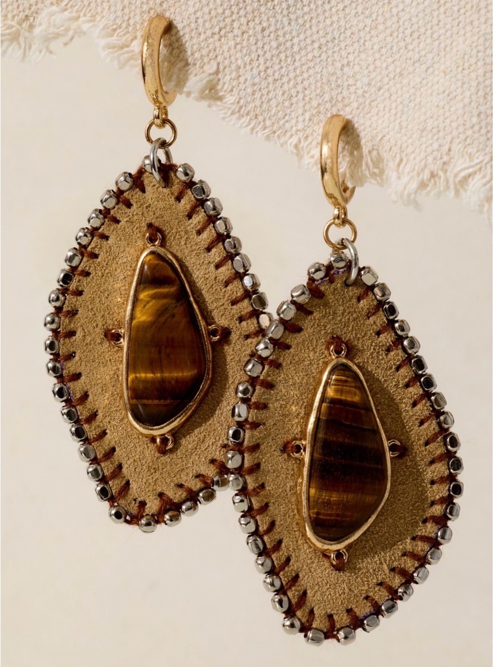 Free People Hettie Dangle Earrings Tiger’s Eye Leather Western Boho NWT - Picture 2 of 4